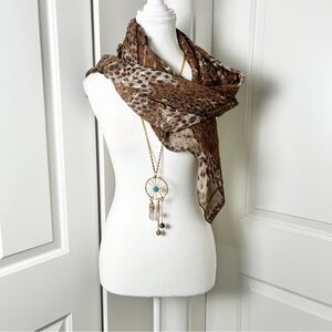 Leopard Print Mobwife Scarf w/ Gemstone Dreamcatcher Boho Pendant Necklace